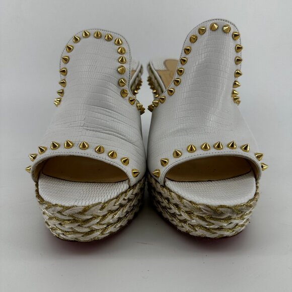 Louboutin White Leather Spike Wedge Mules = Size 40 - Picture 2 of 9